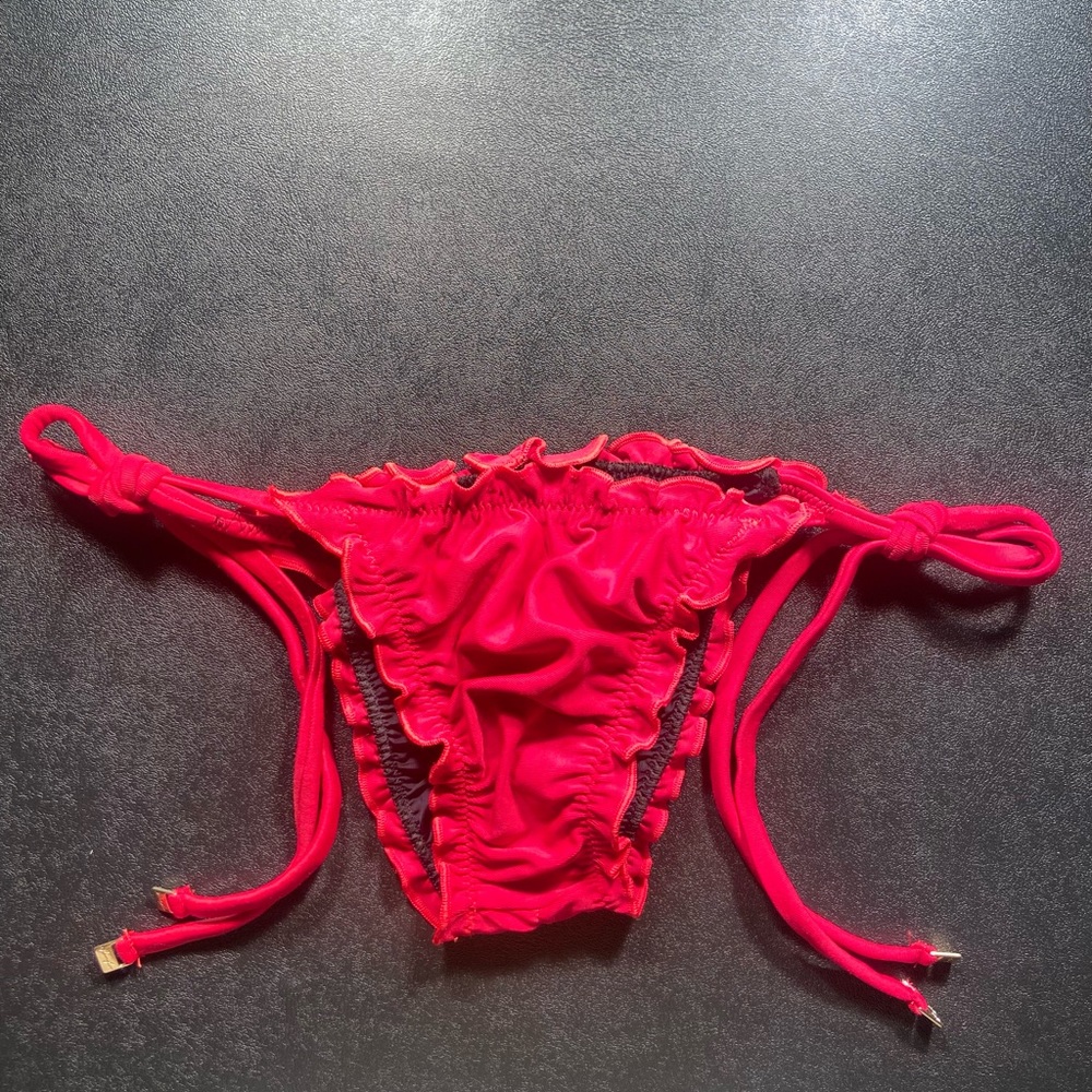 Brazilian cut tie side bikini bottom, ruffle trim Dark Red